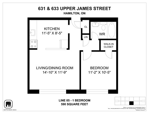 Floor plan for 1 bed, 1 bath, 593 sqft
